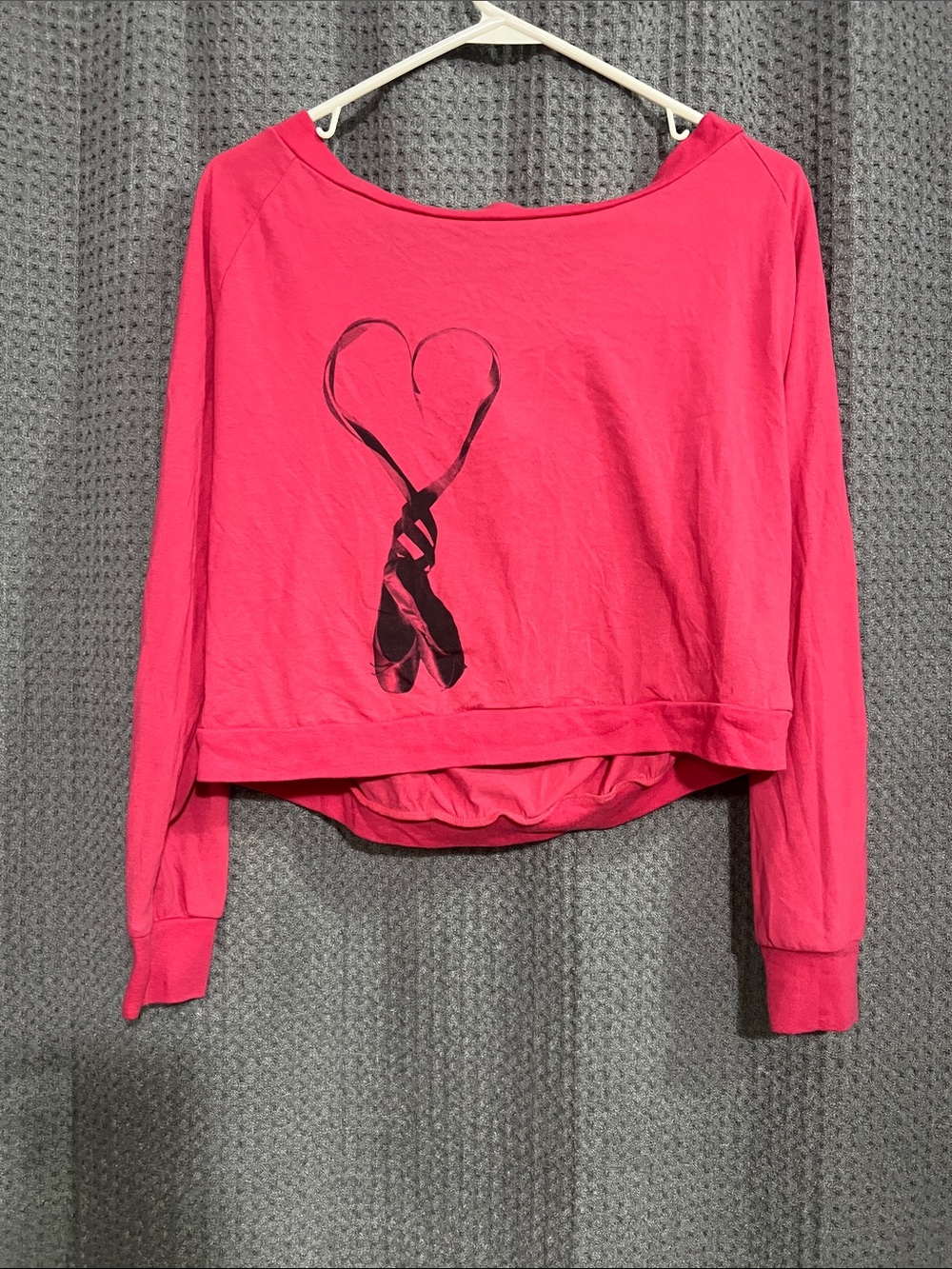 Pink Cropped Long Sleeve Top with Heart Ballet Graphic, off the shoulder.